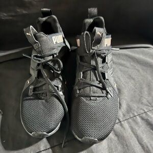 PUMA Men's Black Athletic Knit Sneakers with Subtle Gold Accents